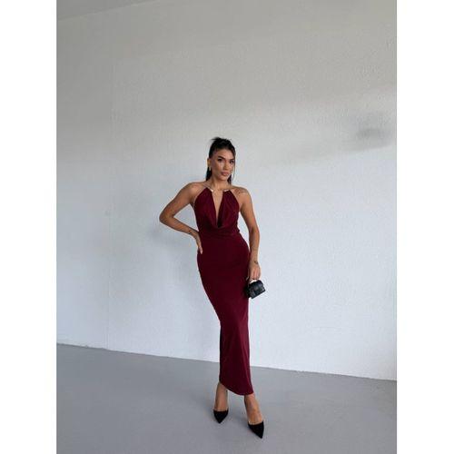 Kadın Boyun Aksesuarlı Halter Yaka Maxi Boy Sandy Kumaş Elbise