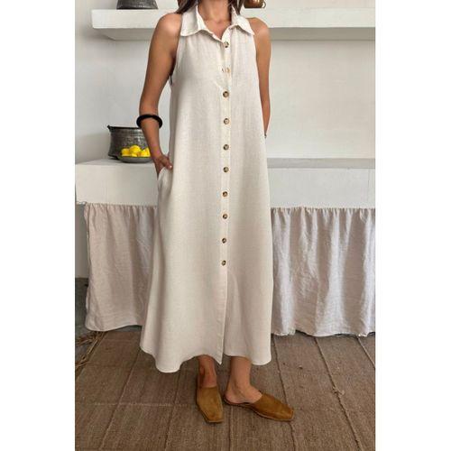 KETEN ÖNDEN DÜĞMELİ KOLSUZ GÖMLEK YAKA ELBİSE - Beyaz