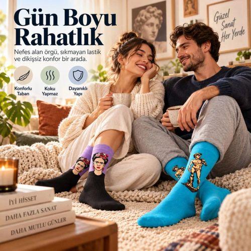 Unisex Çorap Sanat Temalı Renkli 7'li Set Portre Tablo Desenli Uzun Soket Günlük Eğlenceli Çorap Şık