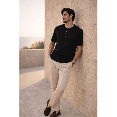 Roth Relaxed Fit Günlük Henley Yaka Waffle Kumaş Yazlık Kısa Kollu T-Shirt - Siyah