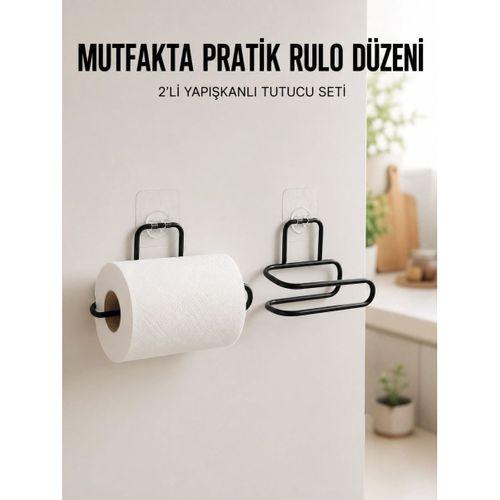 2’li Siyah Metal Rulo Kağıt Tutucu Yapışkanlı Banyo Ve Mutfak Kağıtlık