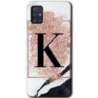 Galaxy A51 Kılıf HD Desen Baskılı Arka Kapak - Pembe Mermer Desenli K Harfi + Kırılmaz Cam