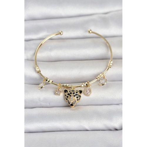 Pirinç Gold Renk Leopar Detaylı Charmlı Kadın Bileklik