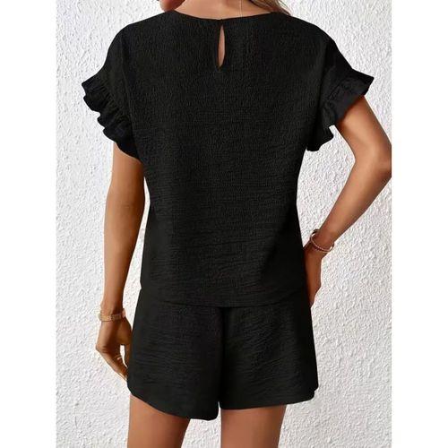 Kadın Kısa Kollu Bisiklet Yaka Bürümcük Bluz Ve Kısa Short Ikili Takım