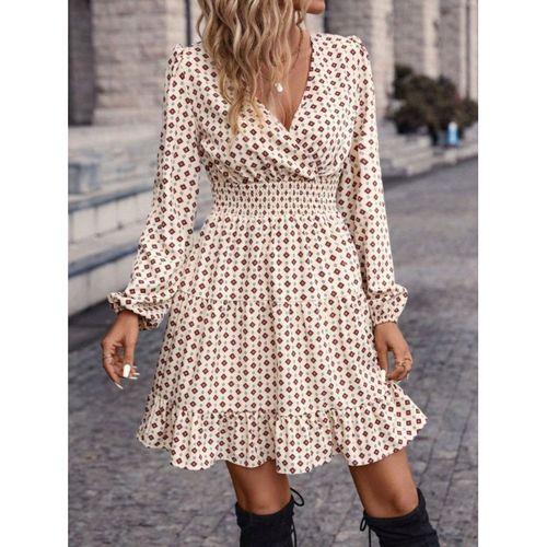 Kadın Uzun Kollu Kruvaze Yaka Desenli Mini Modal Elbise