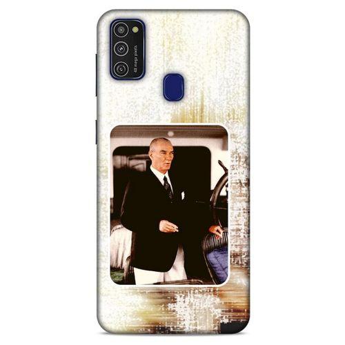 Samsung Galaxy M21 Kılıf Atatürk (24) Darbe Emici Kılıf Eskitilmiş Beyaz