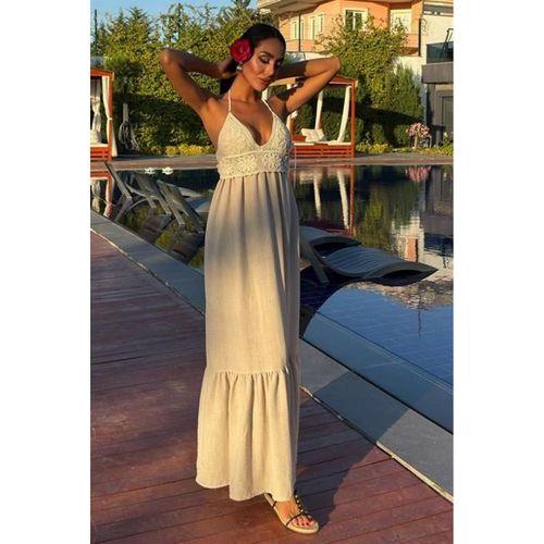 Göğsü Trikolu Keten Uzun Elbise 2904-08