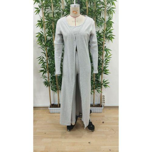 Kadın Yuvarlak Yaka Askılı Krop Bluz Yüksek Bel Tayt Ve Uzun Hırka şardonlu Kaşkorse üçlü Takım