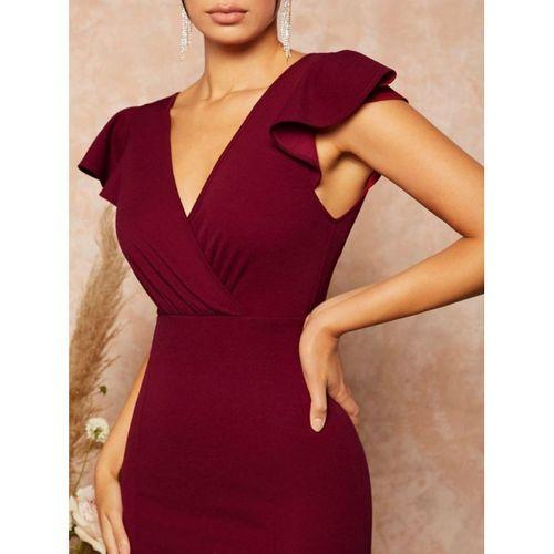 Kadın Kısa Kelebek Kollu Kruvaze Yaka Ithal Krep Midi Elbise