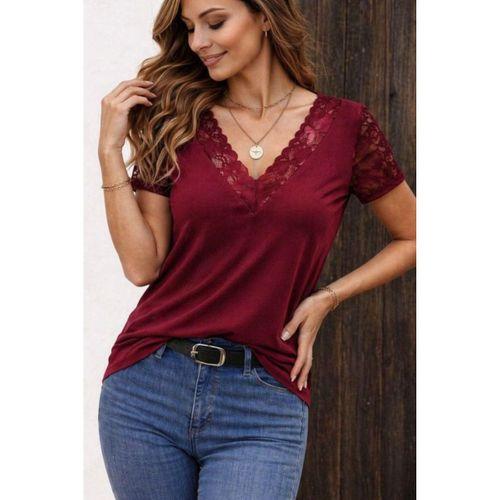 Kadın Kısa Kollu V Yakalı Dantelli Viskon Bluz