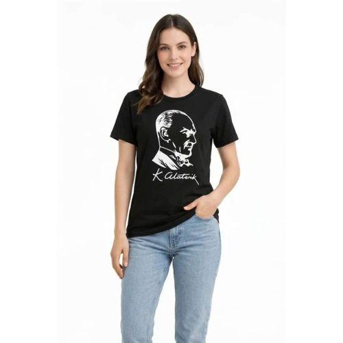 Atatürk Baskılı Tişört Kısa Kollu Bisiklet Yaka T-Shirt - Siyah
