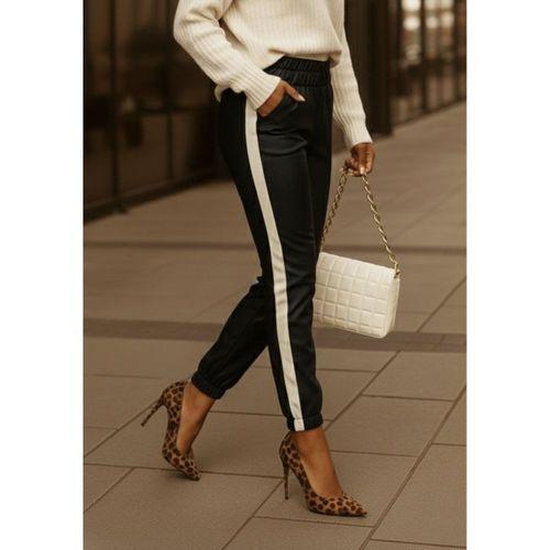 Kadın Yüksek Bel Lastikli Yan şerit Detaylı Deri Pantolon