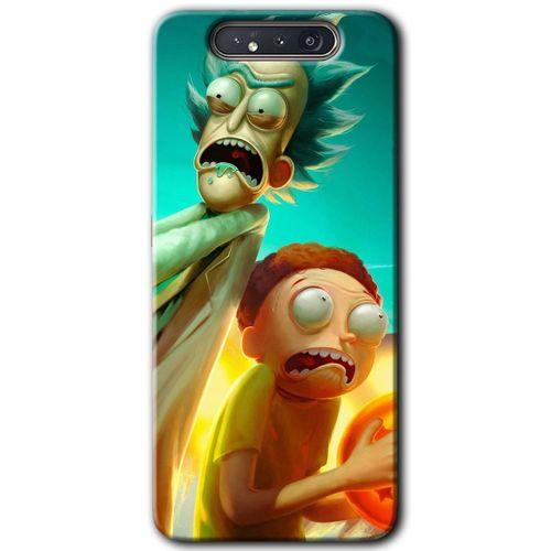 MRCİLETİSİM Samsung Galaxy A80 Kılıf Baskılı Kapak - Rick Morty + 5D Tam Kaplayan Cam