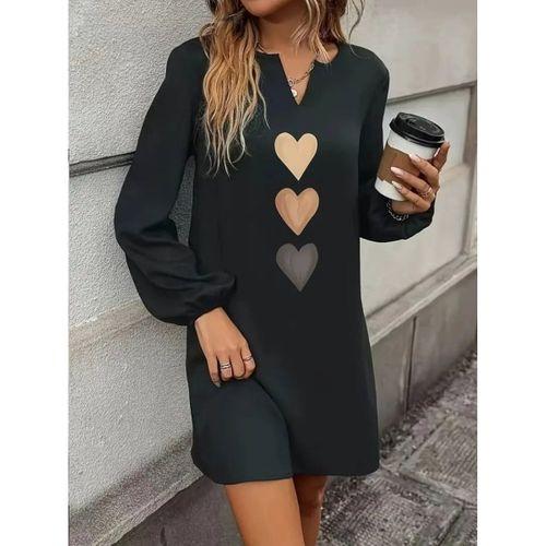 Kadın Uzun Kollu V Yakalı Kalp Desenli Mini Ithal Krep Elbise
