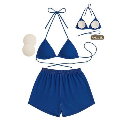 Mavi Şortlu Bağlamalı Bikini Takımı Belden Ve Boyundan Ayarlanabilir Esnek Kumaş Kadın Mayo Seti