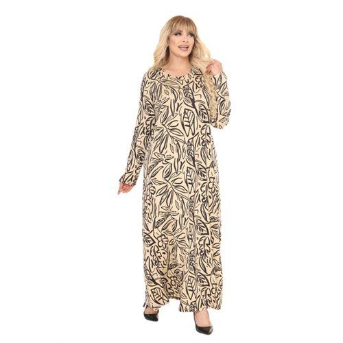 Melsay Butik Krem Yaprak Desen Uzun Kollu Kadın Tesettür Elbise