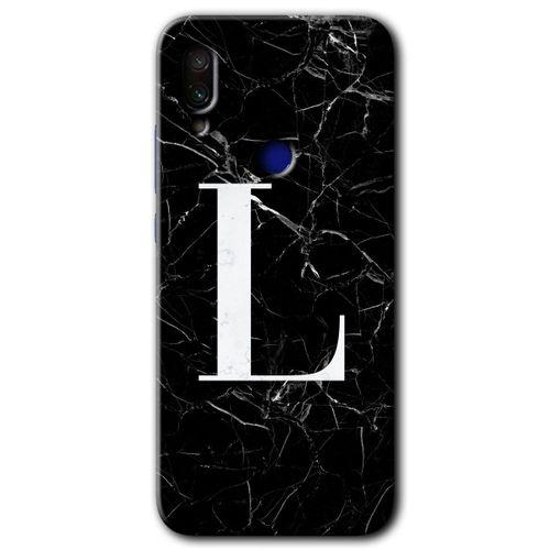 MRCİLETİSİM Xiaomi Redmi Note 7 Kılıf Baskılı Kapak - Siyah Mermer Desenli L Harfi + 5D Tam Kaplayan Cam