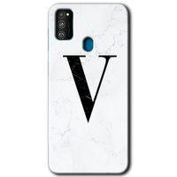 Potkal Hediye Fabrikası Samsung Galaxy M30s Kılıf HD Desen Baskılı Arka Kapak - Beyaz Mermer Desenli V Harfi