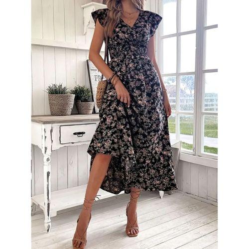 Kadın Kısa Kollu Kruvaze Yaka Beli Lastikli çiçek Desenli Elbise