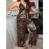 Özel Tasarım Büyük Beden Leopar Desenli İnce Askılı 2'li Saten Pijama Takımı