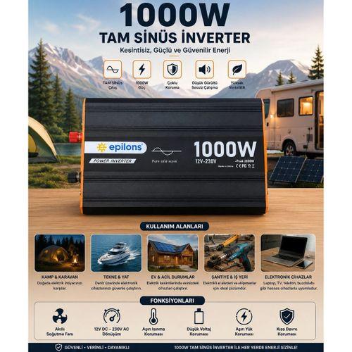 1000w Tam Sinüs İnverter 12v Ac Çevirici | Sessiz Fanlı, Usb Çıkışlı, Araç Karavan Tekne Solar Uyumlu Güç İnverteri