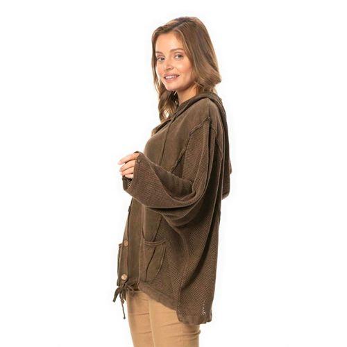 Uzun Kol Ceren Fileli Düğme Detaylı Çift Cepli Kışlık Kapüşonlu Triko Bluz Kahve Khv