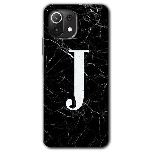 Xiaomi Mi 11 Lite Kılıf HD Desen Baskılı Arka Kapak - Siyah Mermer Desenli J Harfi + Kırılmaz Cam