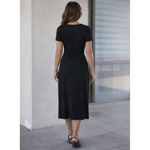 Kadın Kısa Kollu Bisiklet Yaka Yandan Yırtmaçlı Midi Viskon Elbise