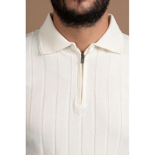 Fermuarlı Polo Yaka Polyamid Kumaş Kendinden Çizgili Likralı Triko Kazak