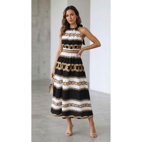 Kadın Kolsuz Boyundan Bağlamalı Beli Lastikli Dijital Baskı Süprem Uzun Elbise