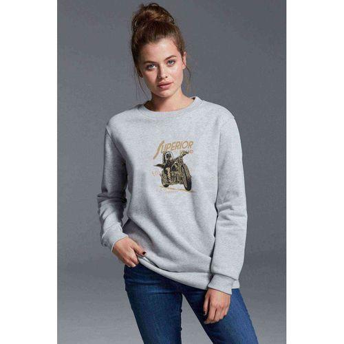 Superior Motorsiklet Baskılı Gri Kadın Sweatshirt