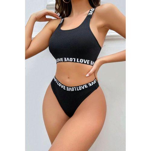 Kadın Siyah Çapraz Sırt Ve Love Lastik Detaylı Sütyen Külot Takım