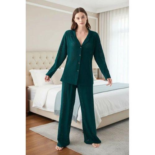 Kadın Zümrüt Yeşili Önden Düğmeli Rahat Kesim Pijama Takımı