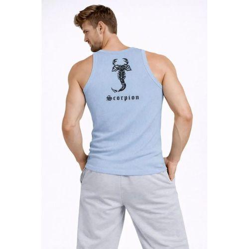 Erkek Fitilli Atlet Sıfır Yaka Slim Fit Arka Baskılı Spor Atlet - Bebe Mavisi