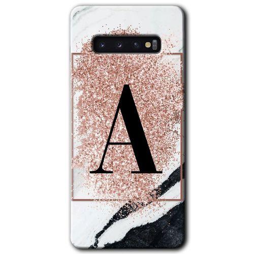 Galaxy S10 Kılıf HD Desen Baskılı Arka Kapak - Pembe Mermer Desenli A Harfi + Kırılmaz Cam