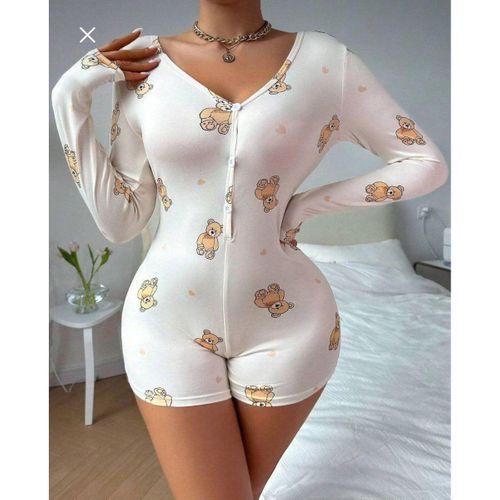 Pamuklu Beyaz Ayıcık Desenli Düğmeli Uzun Kol Tulum Pijama