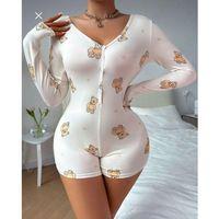 Pamuklu Beyaz Ayıcık Desenli Düğmeli Uzun Kol Tulum Pijama