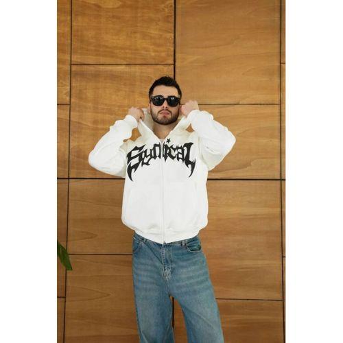 Erkek Kapüşonlu Sweatshirt Hoodie 3 İplik Şardonlu Pamuklu Kumaş, Önü Baskılı, Fermuarlı Rahat Kalıp, Kışlık Ve Sokak Stili Sweat - Beyaz