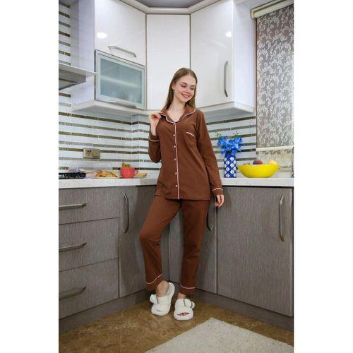 Kadın Penye Uzun Kol Pijama Takım Kahve