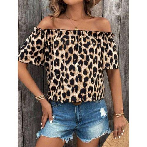 Kadın Madonna Yaka Fırfırlı Leopar Desenli Mikro Kumaş Bluz
