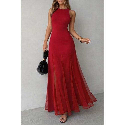 Kadın Askılı Bisiklet Yaka Etek Ucu Tül Detaylı Asimetrik Kiloş Uzun Ithal Krep Elbise