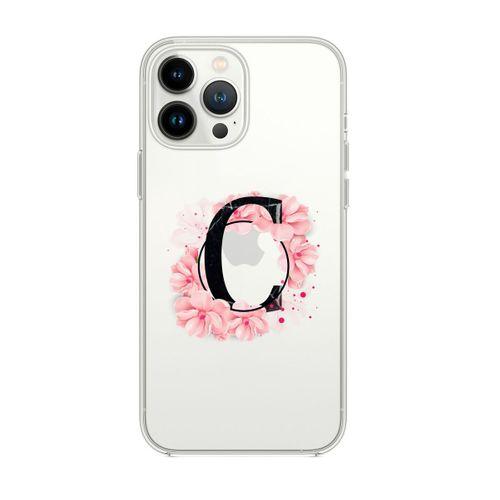 iPhone 13 Pro Pembe Çiçek Desen C Harfli Premium Şeffaf Silikon Kılıf