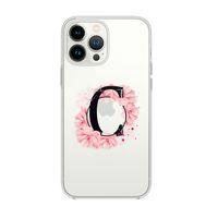 iPhone 13 Pro Pembe Çiçek Desen C Harfli Premium Şeffaf Silikon Kılıf