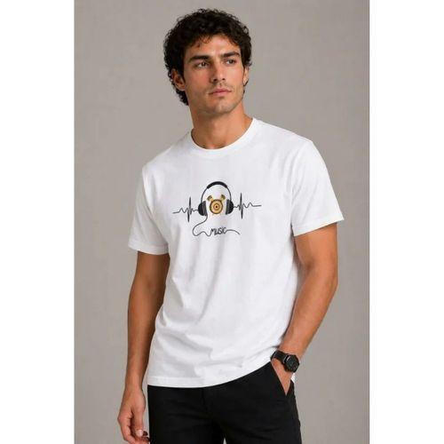 Erkek Müzik Temalı Baskılı Tişört Bisiklet Yaka Kısa Kol T-Shirt - Beyaz