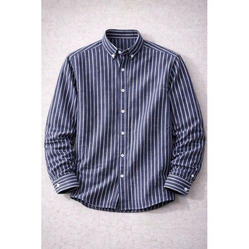 Nefes Alabilir Zarif Günlük Carina Çizgili Pamuklu Erkek Gömlek - Lacivert