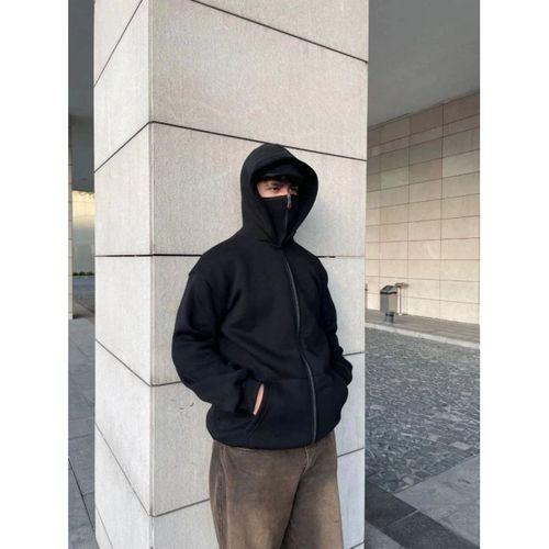 Samuray Ninja Çift Kapşonlu ZIP Fermuarlı Kanguru Çepli Tam Fermuarlı Hoodie Swetshirt - Siyah