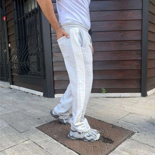 Erkek Üç İplik Kışlık Pamuklu Yandan Garneli Kalın Bej Şeritli Cepli Eşofman Altı - Gri