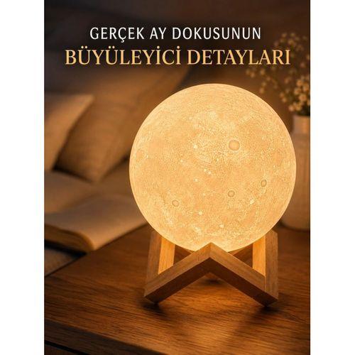 3d Ay Gece Lambası Ahşap Standlı Dekoratif Led Masa Lambası