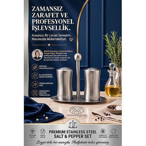 Stantlı Tuzluk Biberlik Seti 13 cm 18/10 304 Paslanmaz Çelik Baharatlık 723496