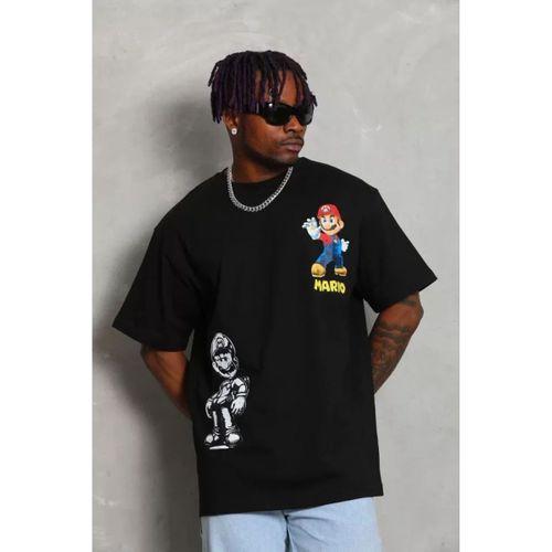 Unisex Oversize Baskılı Bisiklet Yaka T-Shirt - Siyah